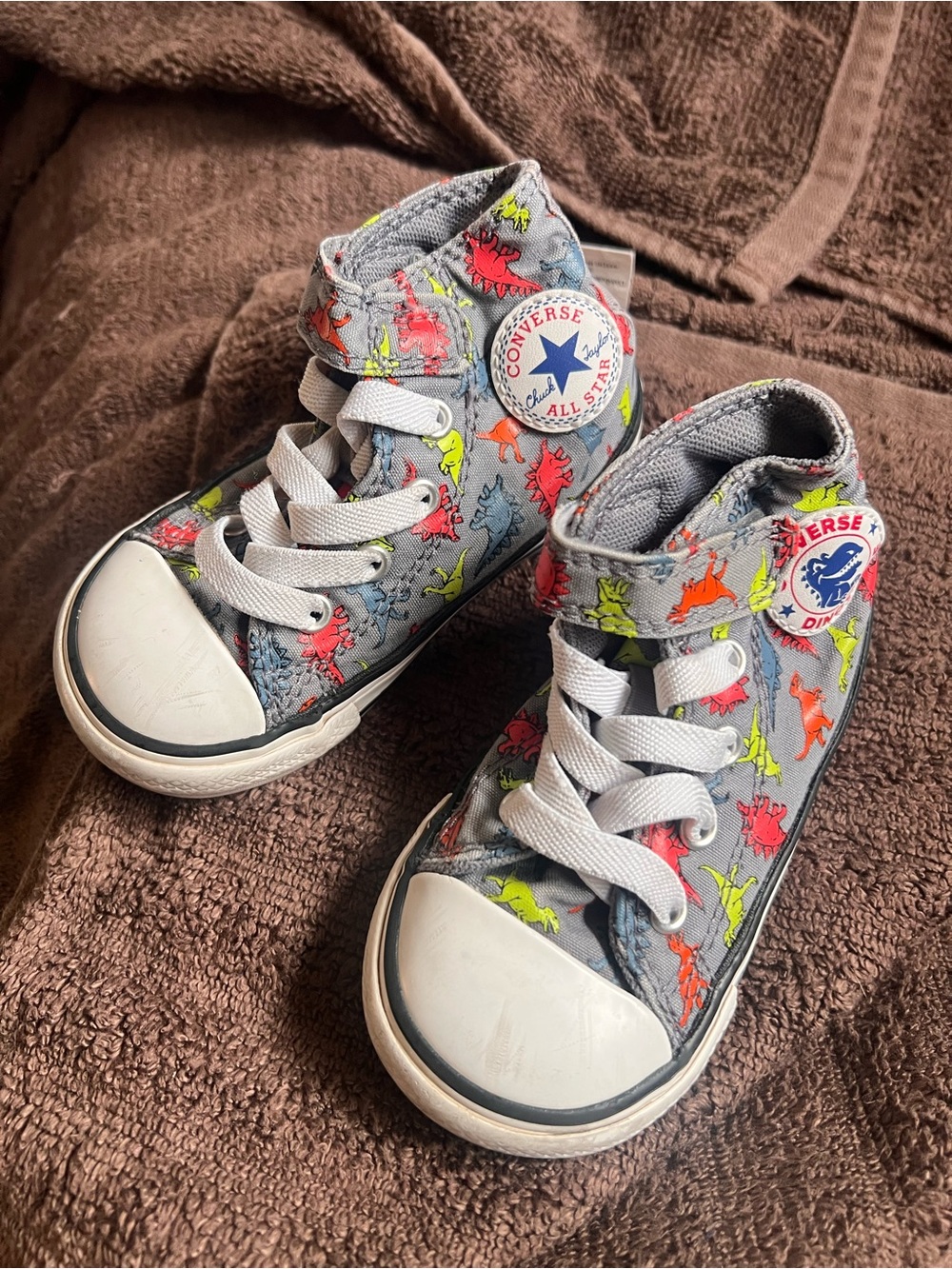 Converse Kids' Gray High-Top Sneakers with Neon Dinosaur Print